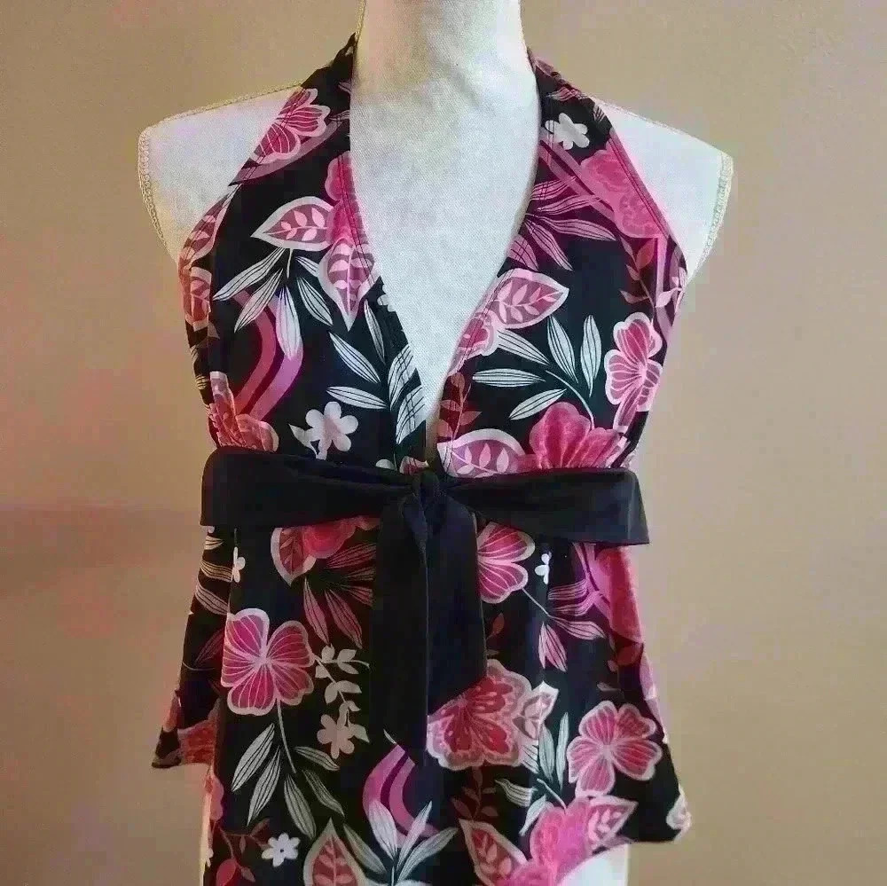Women's swim top. Black and pink tie neck, open back